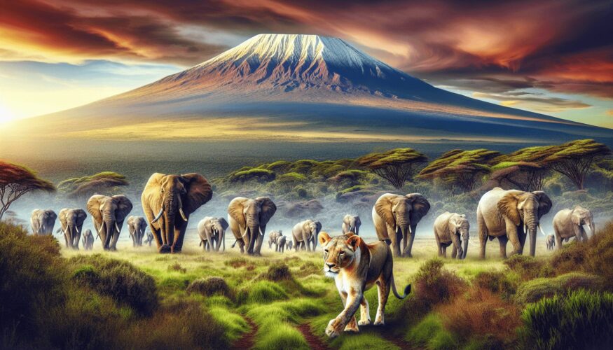 A breathtaking Kenyan landscape featuring a majestic lioness prowling in the foreground, with a herd of elegant elephants gracefully moving in the dis