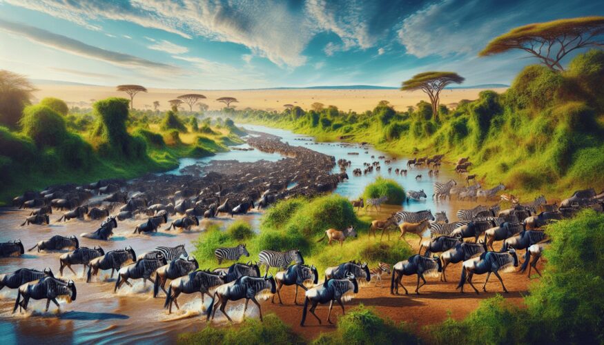 A large herd of wildebeests crossing the Mara River in Kenya, surrounded by lush greenery of the savannah under a bright blue sky, with zebras and ant