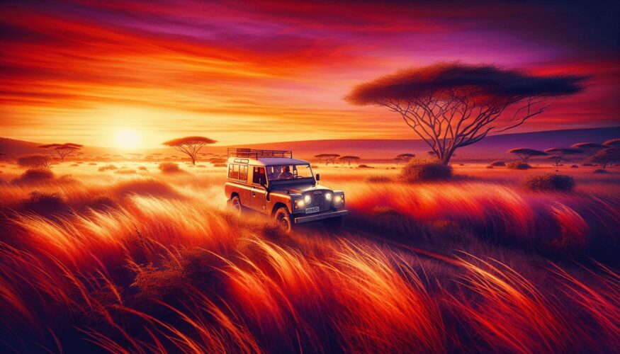 A safari jeep driving through the grasslands of Kenya at sunset.