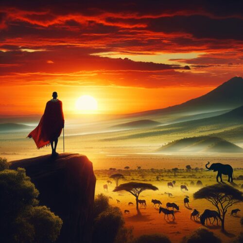 A stunning sunset casts vibrant orange and purple hues across the sky over the Maasai Mara National Reserve, with a silhouette of a heroic Maasai warr