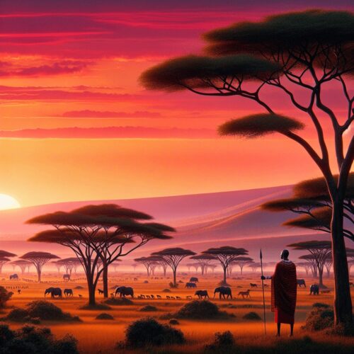 A stunning sunset over the Maasai Mara National Reserve in Kenya, showcasing vast savannah landscapes with acacia trees. Silhouettes of elephants and