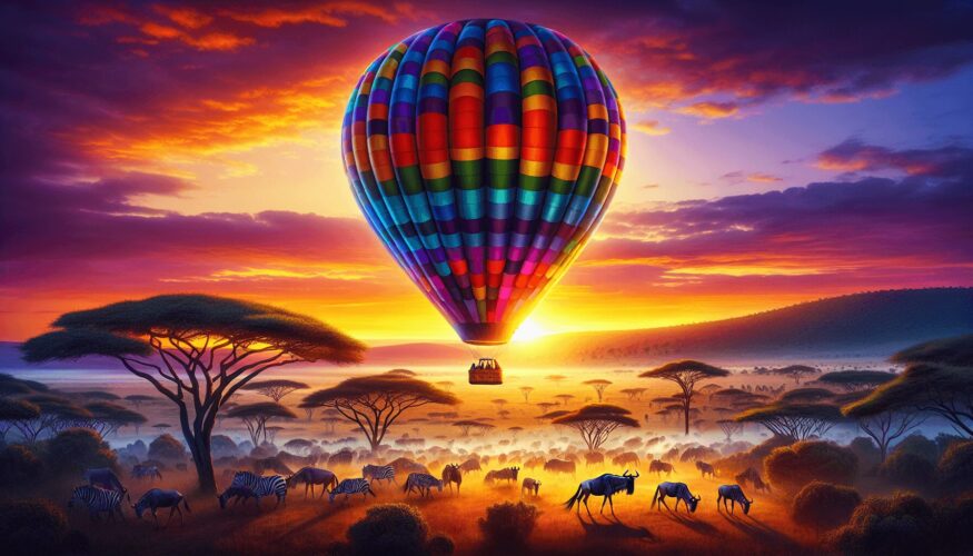 A vibrant, multicolored hot air balloon rises at dawn over the Maasai Mara National Reserve, with herds of wildebeest and zebra visible below amidst a