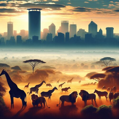 A vibrant scene depicting Nairobi National Park, where a group of majestic giraffes grazes peacefully in the foreground alongside powerful lions resti