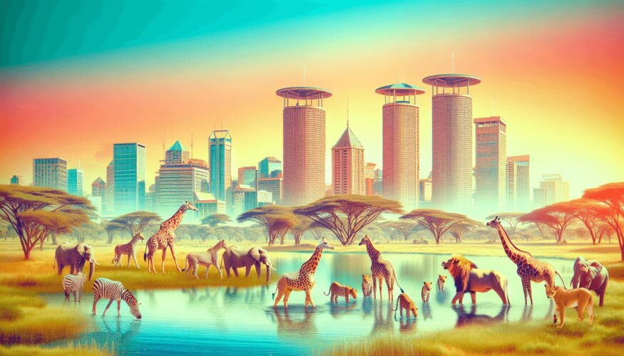 A vibrant scene depicting Nairobi National Park with a modern city skyline in the background. The foreground features diverse wildlife, including lion