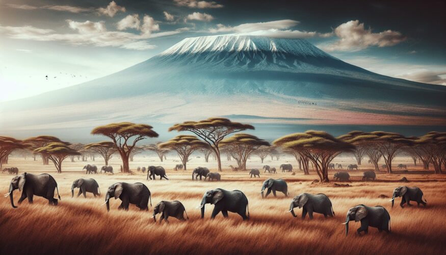 A breathtaking landscape of Amboseli National Park in Kenya, featuring the majestic Mount Kilimanjaro in the background. A herd of elephants gracefull