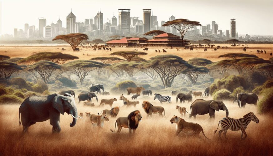 A panoramic view of Nairobi National Park showcasing open grasslands dotted with acacia trees, where a herd of elephants grazes peacefully beside a pr