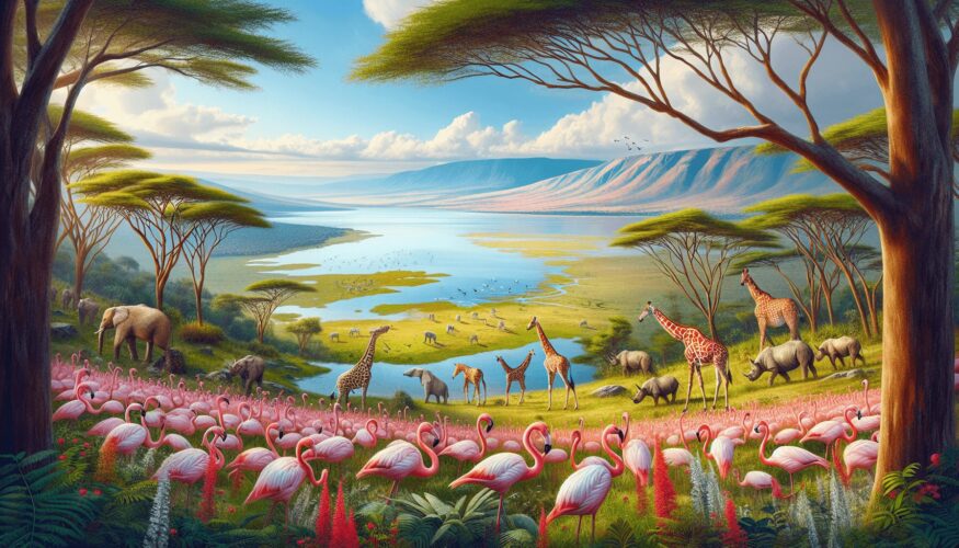 A vibrant natural landscape in Kenya featuring Lake Nakuru and Lake Naivasha with a flock of flamingos in the foreground, showcasing their beautiful p