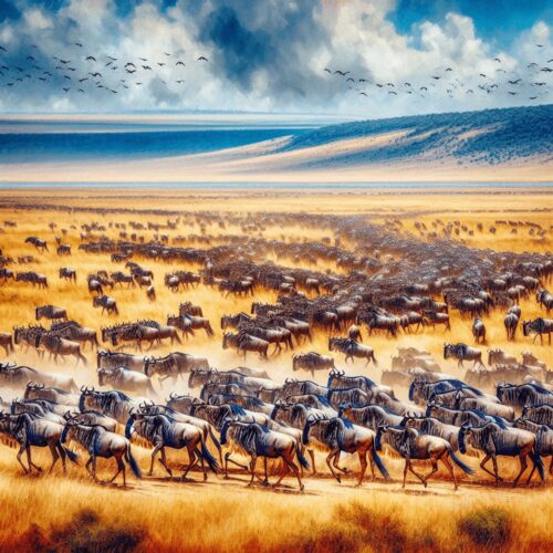 A vibrant scene depicting a large herd of wildebeests migrating across the expansive African savannah, with lush green grasslands and scattered zebras