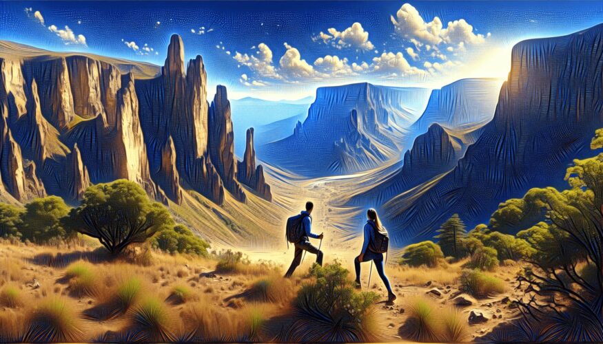 A stunning landscape of Hell's Gate National Park featuring towering cliffs and dramatic rock formations under a bright blue sky. Two hikers, one Cauc