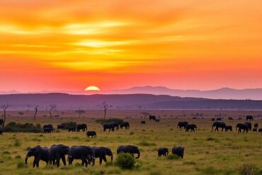 A picturesque view of Maasai Mara National Reserve with rolling hills, acacia trees, and a herd of elephants under a vibrant sunset sky.