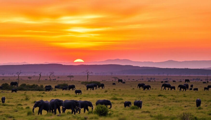 A picturesque view of Maasai Mara National Reserve with rolling hills, acacia trees, and a herd of elephants under a vibrant sunset sky.