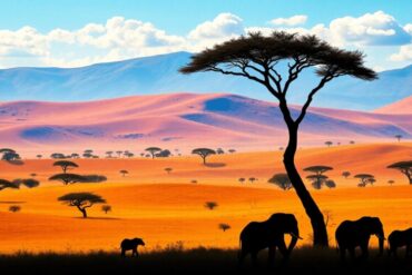 Vibrant Maasai Mara landscape with rolling savannahs, acacia trees, and a clear blue sky, featuring silhouettes of elephants and lions, evoking adv...