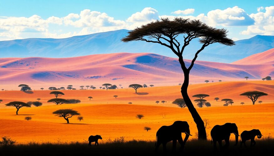 Vibrant Maasai Mara landscape with rolling savannahs, acacia trees, and a clear blue sky, featuring silhouettes of elephants and lions, evoking adv...